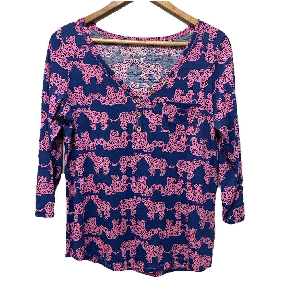 Lilly Pulitzer Women's Medium Blue Pink Elephant Henley Pima Cotton Top Cute